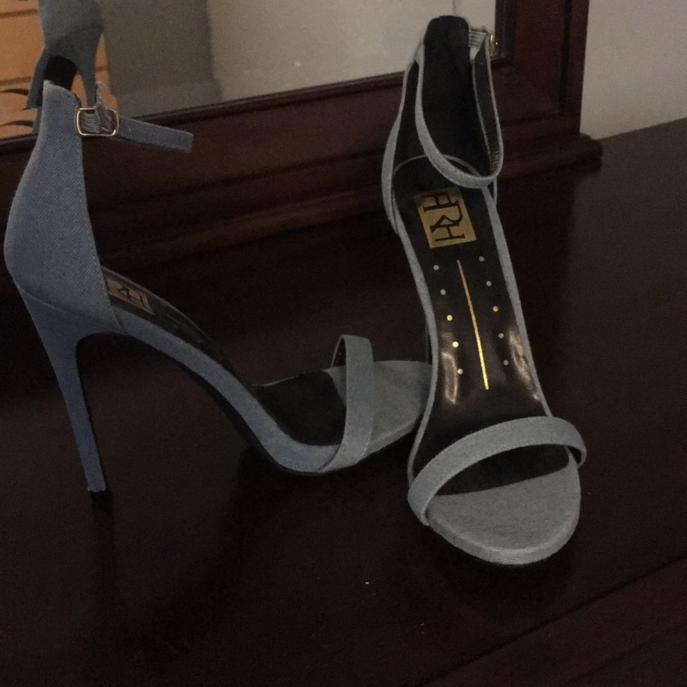 Blue denim ankle strap heels